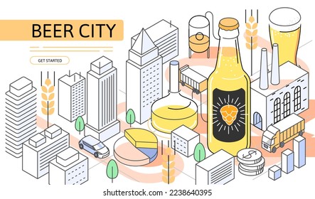 Beer city Isometric Concept. Use for web page, banner, infographics. Flat illustration editable line. Brewery