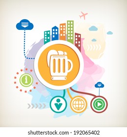 Beer and city on abstract colorful watercolor background with different icon and elements. Design for the print, advertising.