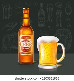 Beer classic beverage in bottle with label info about product. Type of alcoholic drink poured in glass set of items. Barrel and containers set vector