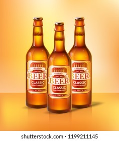 Beer classic types of alcoholic beverages poured in glass bottles. Containers with labels and insignia, emblems and info on product. Alcohol set vector