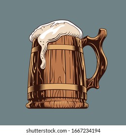 Beer classic wooden mug or tankard. Vector illustration.