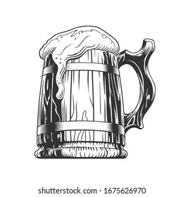 Beer classic wooden mug or tankard. Vector illustration.
