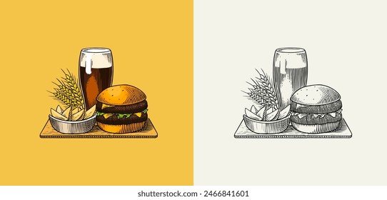 Cerveza, alcohol clásico. Taza de cristal con bebida. Hamburguesa con patatas. Brindemos por salud. Grabado en tinta dibujada a mano en boceto antiguo para oktoberfest. Estilo Antiguas.