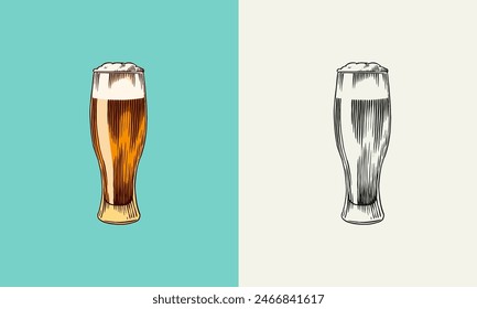 Beer, classical alcohol. Glass mug with drink. Cheers toast. Engraved in ink hand drawn in old sketch for oktoberfest. Vintage style.