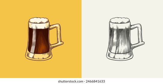 Beer, classical alcohol. Glass mug with drink. Cheers toast. Engraved in ink hand drawn in old sketch for oktoberfest. Vintage style.