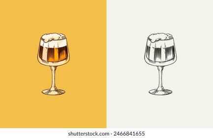 Beer, classical alcohol. Glass mug with drink. Cheers toast. Engraved in ink hand drawn in old sketch for oktoberfest. Vintage style.