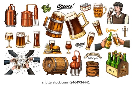 Beer classical wooden barrels, Distilled alcohol. Hop, malt. Cheers toast. Glass mugs with drink. Burger with potatoes set. Engraved in ink hand drawn in old sketch for oktoberfest. Vintage style.