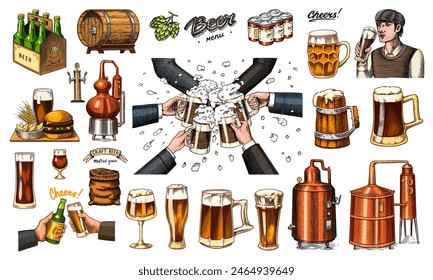 Beer classical wooden barrels, Distilled alcohol. Hop, malt. Cheers toast. Glass mugs with drink. Burger with potatoes set. Engraved in ink hand drawn in old sketch for oktoberfest. Vintage style.