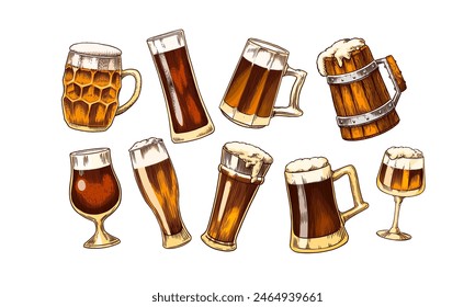 Beer classical wooden barrels, Distilled alcohol. Hop, malt. Cheers toast. Glass mugs with drink. Burger with potatoes set. Engraved in ink hand drawn in old sketch for oktoberfest. Vintage style.