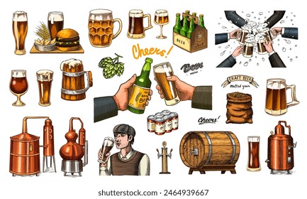 Beer classical wooden barrels, Distilled alcohol. Hop, malt. Cheers toast. Glass mugs with drink. Burger with potatoes set. Engraved in ink hand drawn in old sketch for oktoberfest. Vintage style.