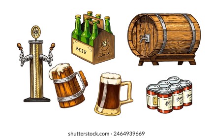 Beer classical wooden barrels, Distilled alcohol. Hop, malt. Glass mugs with drink. Engraved in ink hand drawn in old sketch for oktoberfest. Vintage style.