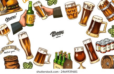 Beer classical wooden barrels, Distilled alcohol poster and banner. Hop, malt. Cheers toast. Glass mugs with drink. Engraved in ink hand drawn in old sketch for oktoberfest. Vintage style.