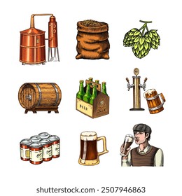 Beer classical wooden barrels, Distilled alcohol. Hop, malt. Glass mugs with drink. Engraved in ink hand drawn in old sketch for oktoberfest. Vintage style.