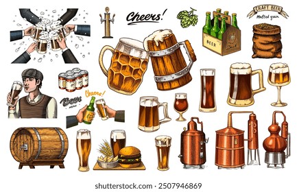 Beer classical wooden barrels, Distilled alcohol. Hop, malt. Cheers toast. Glass mugs with drink. Burger with potatoes set. Engraved in ink hand drawn in old sketch for oktoberfest. Vintage style.