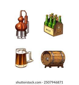 Beer classical wooden barrels, Distilled alcohol. Hop, malt. Glass mugs with drink. Engraved in ink hand drawn in old sketch for oktoberfest. Vintage style.