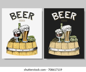 beer classical wooden barrels for Logo or emblem and banner. engraved in ink hand drawn in old sketch and vintage style for web or pub menu. design of oktoberfest.