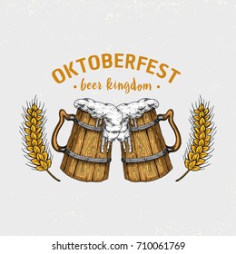 beer classical wooden barrels for Logo or emblem and banner. engraved in ink hand drawn in old sketch and vintage style for web or pub menu. design of oktoberfest.