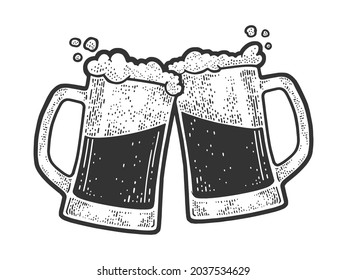 Beer clink mug glasses party sketch engraving vector illustration. T-shirt apparel print design. Scratch board imitation. Black and white hand drawn image.