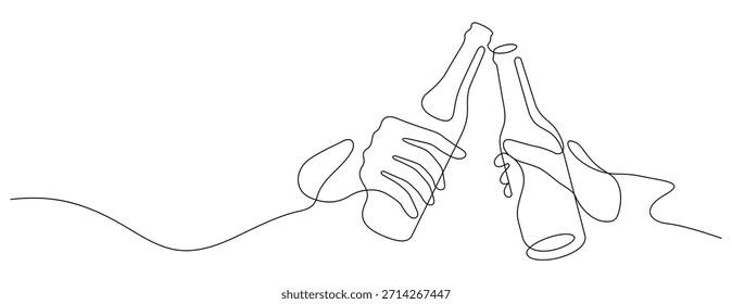 Bier klettern eine Linie Zeichnung kontinuierlichen Minimalismus. Bierflasche zelebrierend Toast dünne Linie Abbildung Kopienraum