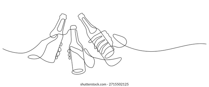 beer clinking one line drawing continuous minimalism. beer bottle celebratory toasting thin line illustration copy space. three person togetherness congratulating