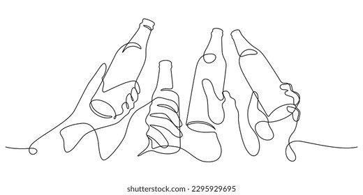 beer clinking toasting with bottles in celebration party one line drawing happiness cheerful concept