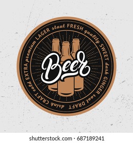 Beer coaster, beermat for bar, pub, beerhouse. Beer hand written lettering. Black background. Vector Illustration.