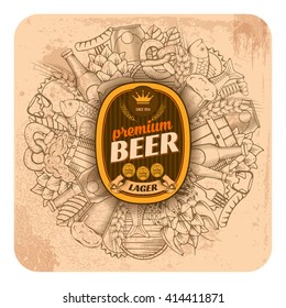 Diseño de la montaña de cerveza en forma de doodle dibujado a mano con diferentes objetos de cerveza y bocadillos. Pegue el logotipo de su empresa en el centro. Todos los elementos están separados y se pueden editar. Ilustración vectorial. 