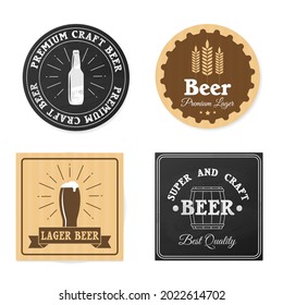 Beer coaster design. Square and round beer coasters, pub labels beverage mats, hipster style brewery stickers, alcoholic drink signs. Premium craft products. Vector isolated set