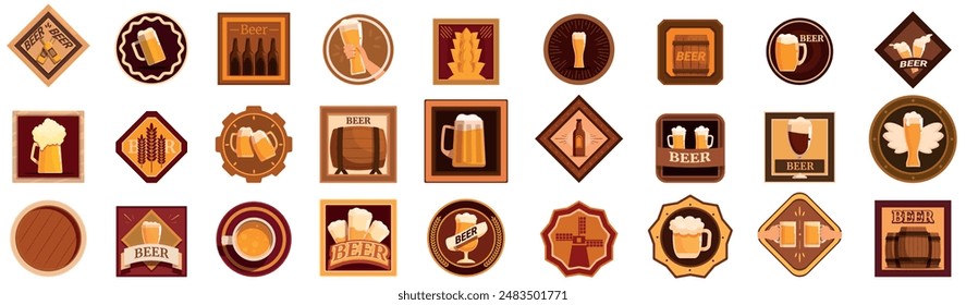 beer coaster icons set. Set of beer coasters with glasses, bottles, mugs, barrels and wheat for brewery, pub or oktoberfest