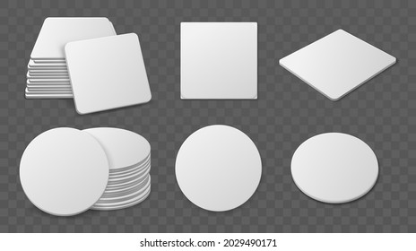 Beer coaster stacks. Realistic paper round and square shapes for glasses drinks, blank cardboard bierdeckel, different angles, single and piles. Blank cardboard drink mats. Vector set