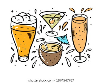 Beer and cocktails doodle element set. Cartoon style. Colorful vector illustration.