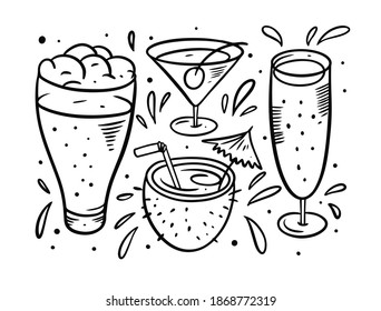 Beer and cocktails doodle illustration set. Hand drawn black color. Isolated on white background.