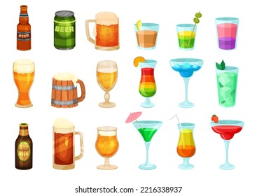 Beer and Cocktails in Glass and Mug with Froth and Straw Big Vector Set