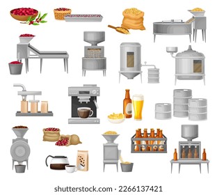 Beer and Coffee Production with Machine and Metal Brewing Equipment Vector Set