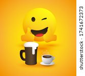 Beer and Coffee - Smiling and Winking Emoticon Showing Thumbs Up - Simple Shiny Happy Emoticon with Beer Mug and Coffee Cup on Yellow Background - Vector Design