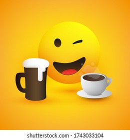 Beer and Coffee - Smiling and Winking Emoticon - Simple Shiny Happy Emoji with Beer Mug and Coffee Cup on Yellow Background - Vector Design