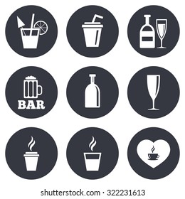 Beer, coffee and tea icons. Beer, wine and cocktail signs. Soft and alcohol drinks symbols. Gray flat circle buttons. Vector