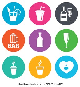 Beer, coffee and tea icons. Beer, wine and cocktail signs. Soft and alcohol drinks symbols. Flat circle buttons. Vector
