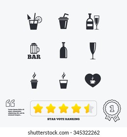 Beer, coffee and tea icons. Beer, wine and cocktail signs. Soft and alcohol drinks symbols. Star vote ranking. Award achievement and quotes.