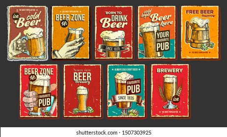 Beer Collection Advertising Poster Set Vector. Wooden And Glass Cups, Green Hops And Spikelets Wheat On Different Commercial Promotional Banner Of Tavern Pub. Advertisement Flat Cartoon Illustrations