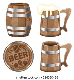 Beer Collection with Barrel of Beer and Wooden Mug, vector isolated on white background