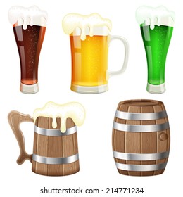 Beer Collection with Barrel of Beer and Wooden Mug, vector isolated on white background