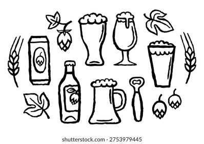 Beer Collection, Illustrations set with beer glasses, bottle, can, opener in a simple doodle style. Ink black hand drawn line illustration on white background