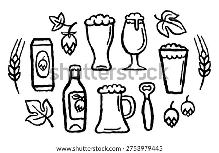 Beer Collection, Illustrations set with beer glasses, bottle, can, opener in a simple doodle style. Ink black hand drawn line illustration on white background