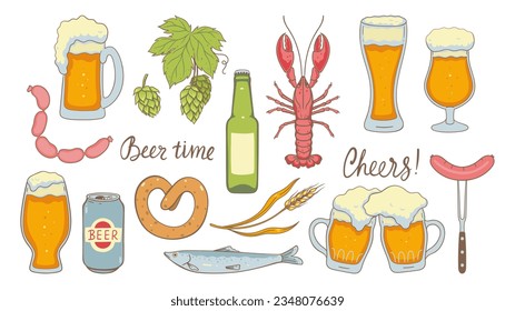 Beer collection of beer mugs, snacks isolate on white background. Vector graphics.