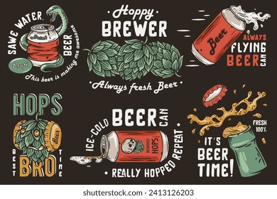 Beer collection or set of bottle and beer can with snake and hop for brewery. Hop and bottle cap for alcohol craft bar