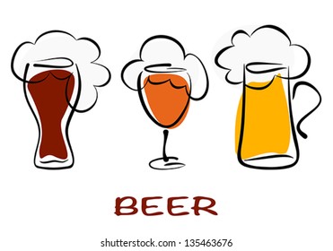 Beer collection. Three mugs of beer pint on white. Vector eps10 illustration. Raster file included in portfolio