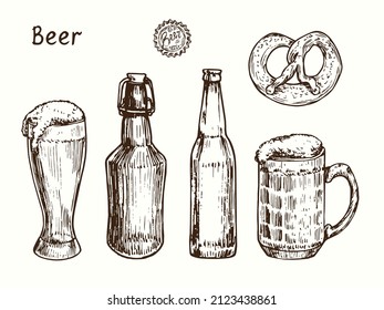 Beer collection, vintage bottle with cap, bottle, glass weizen, pretzel, dimpled mug. Ink black and white doodle drawing in woodcut style.