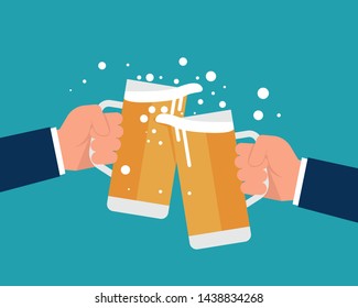 Beer colliding. Business hand holding beer cheering and celebrating. Vector illustration celebration with beer concept. Flat cartoon design.