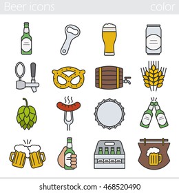 Beer color icons set. Bar and pub isolated vector illustrations. Foamy beer glass, bottle, can, mug, keg, crate, tap, cap, bottle opener. Sausage on fork, brezel, rye, hop and wooden bar sign